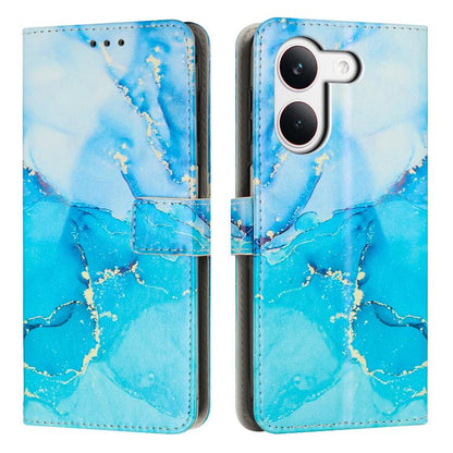 Leather flip phone case with blue painted marble pattern, card pocket, dual camera cutout