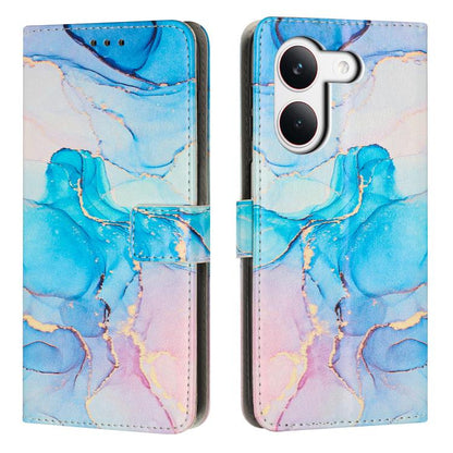 Leather flip phone case with blue and pink painted marble pattern, card pocket, dual camera cutout