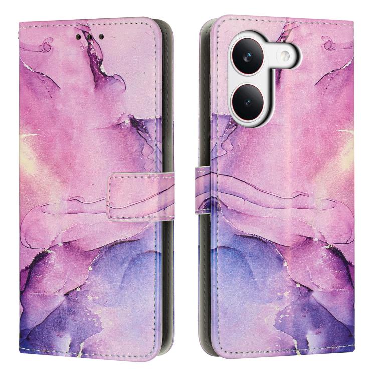 Leather flip phone case with pink and purple painted marble pattern, card pocket, dual camera cutout