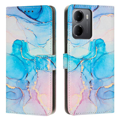 Blue and white marble pattern leather phone case with flip cover and card slot
