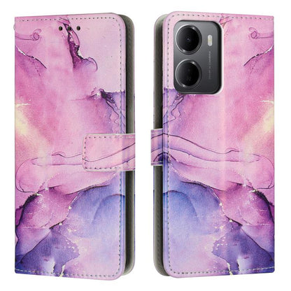 Flip leather-look phone case with painted marble pattern in pink, purple, and blue; card slot.