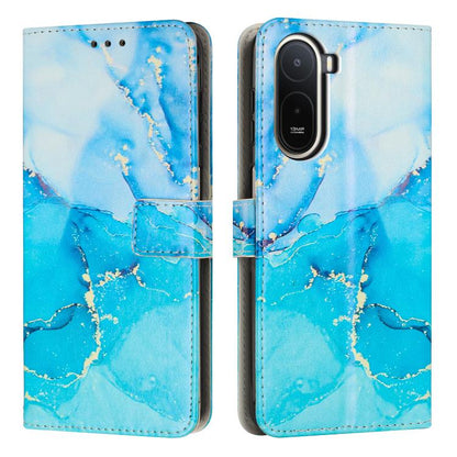 Flip leather-look phone case with painted marble pattern in blue and light blue; card slot.