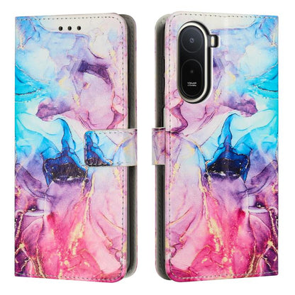 Flip leather-look phone case with painted marble pattern in blue, pink, and purple; card slot.