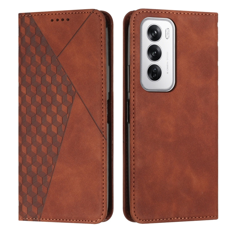 Brown magnetic leather phone case with stitched edges, geometric back and camera cutout