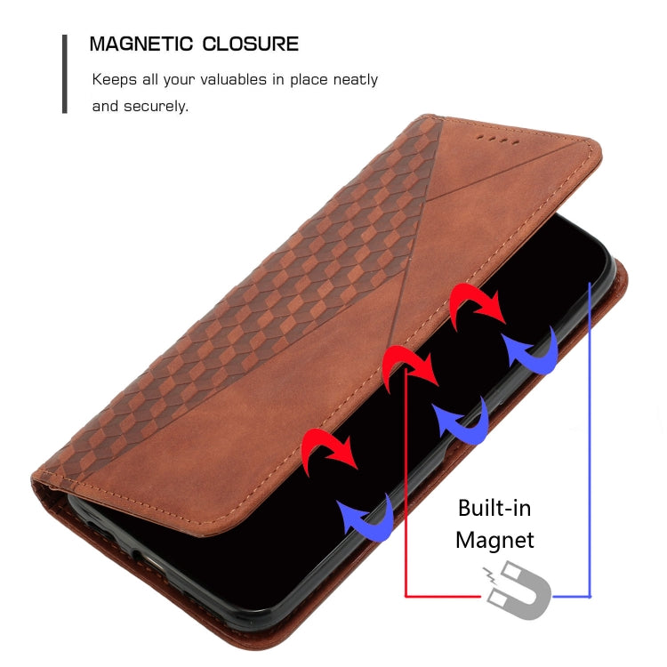 Brown leather wallet phone case with magnetic closure and built-in magnet pocket