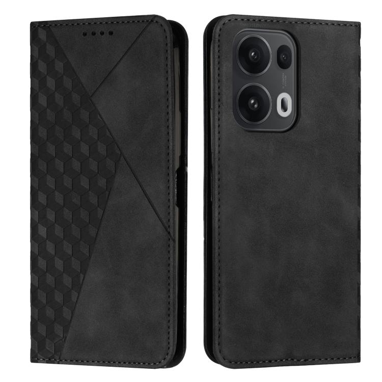 Black leather phone case with diamond-texture panel and magnetic closure, dual camera cutout.