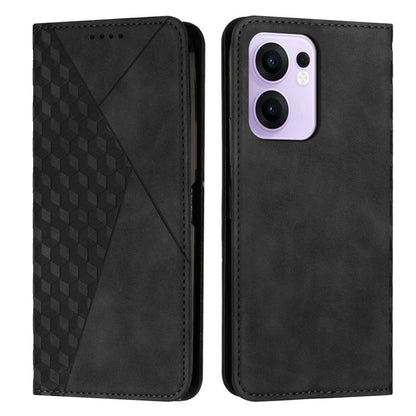 Magnetic leather phone case, black diamond-pattern front, stitched edges, camera cutouts