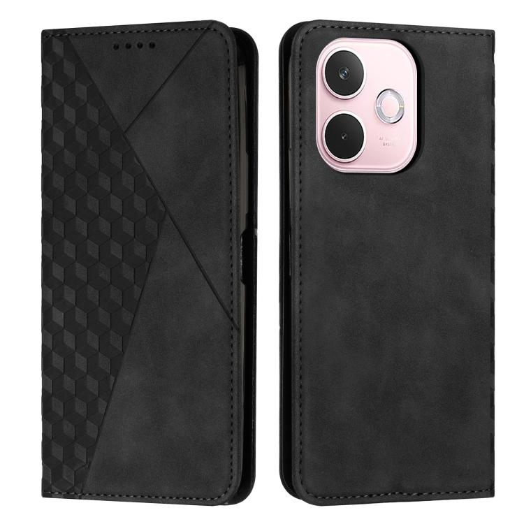 Magnetic leather phone case, black smooth back with diamond-texture side panel