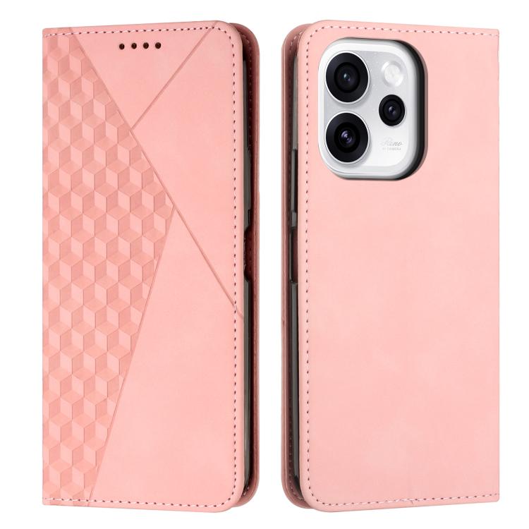 Rose gold magnetic leather phone case with diamond pattern panel and cutout for camera