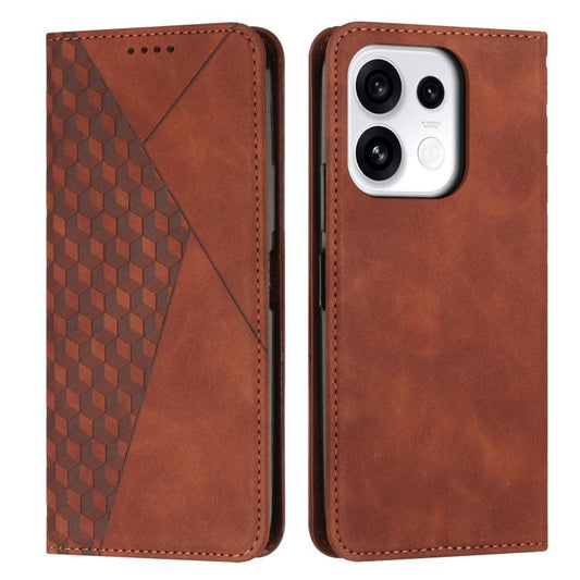 Brown leather magnetic phone case with diamond pattern and camera cutout