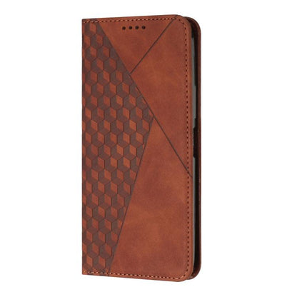 Brown leather folio phone case with diamond pattern and stitched edges
