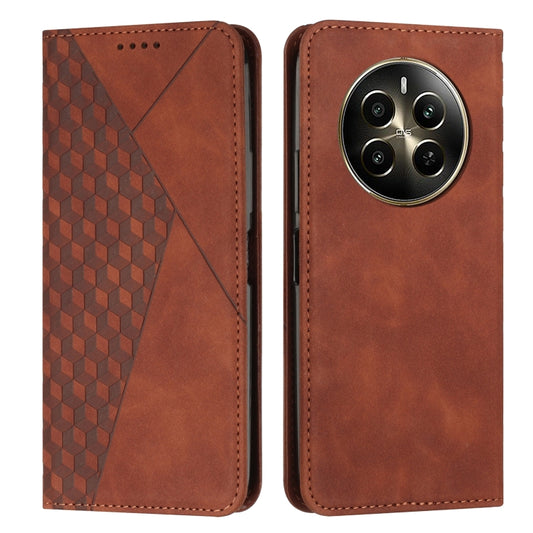 Brown magnetic leather wallet phone case with diamond pattern, flip cover and stitching