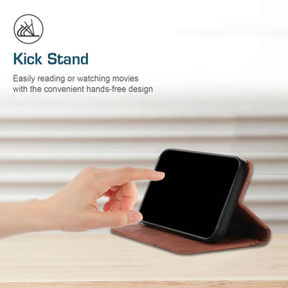 Brown magnetic leather phone case with kickstand for hands-free viewing
