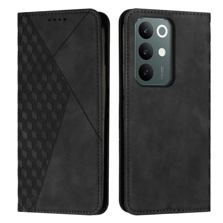 Black leather phone case with diamond-pattern panel and back camera window