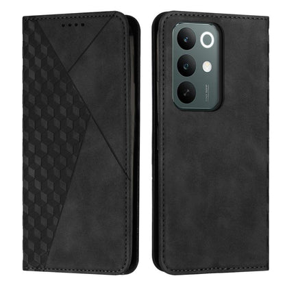 Black leather phone case with diamond-pattern panel and back camera window