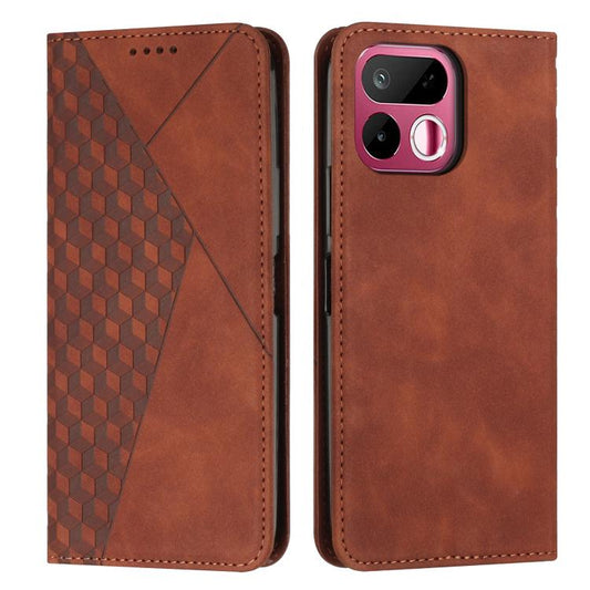 Brown leather folio phone case with diamond splicing pattern and magnetic flip closure