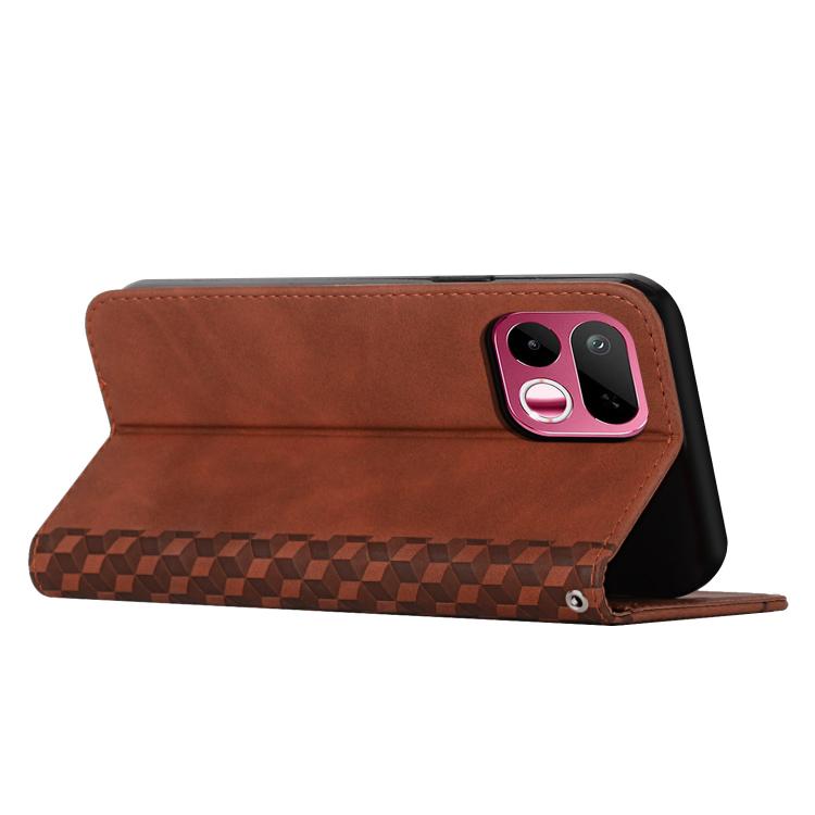Brown leather wallet phone case with diamond-texture panel and camera cutout