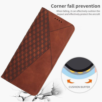 Brown leather folio phone case with diamond-texture panel and reinforced corners