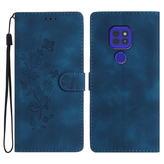 Blue embossed flower butterfly leather-style phone case with folio opening and wrist strap