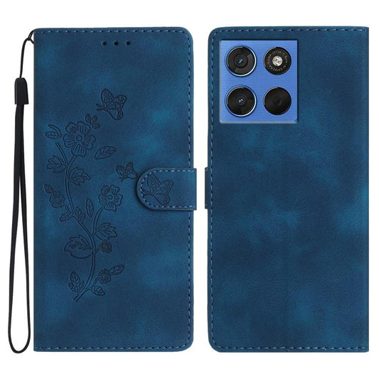 Blue leather phone case with embossed floral and butterfly pattern, wrist strap