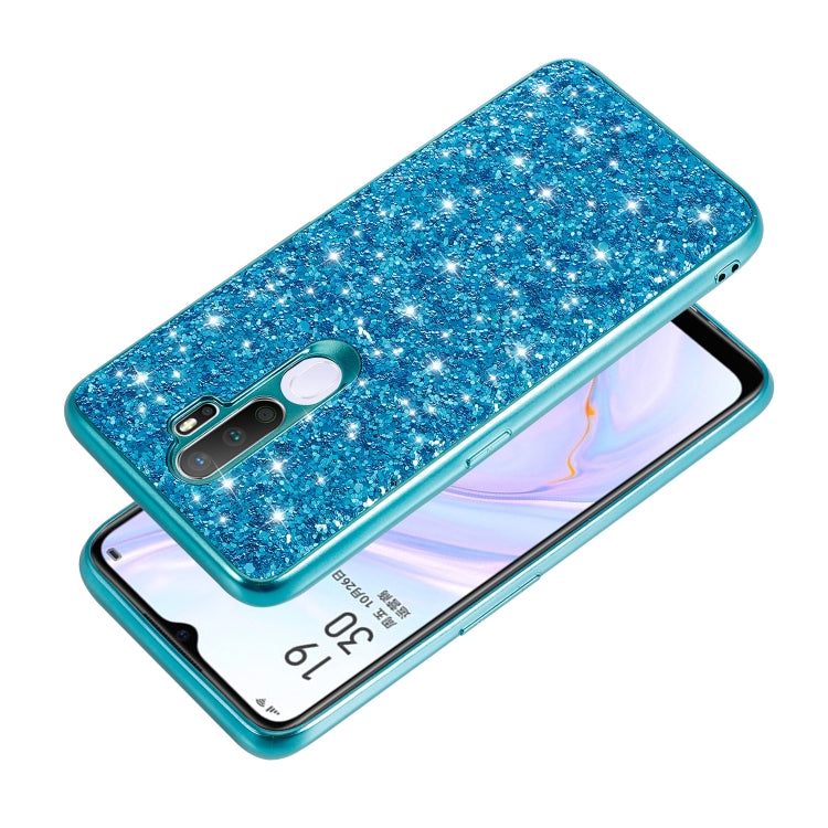 Blue glitter TPU phone case with camera and speaker cutouts, angled view