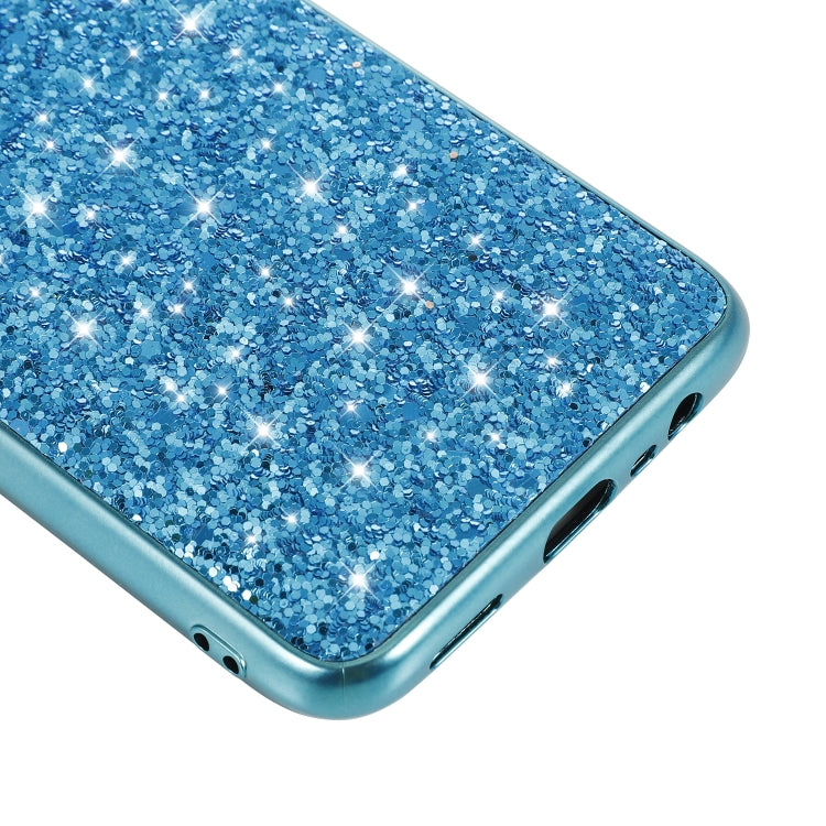 Blue glitter TPU phone case close-up with side buttons openings