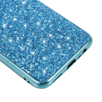 Blue glitter TPU phone case close-up with side buttons openings