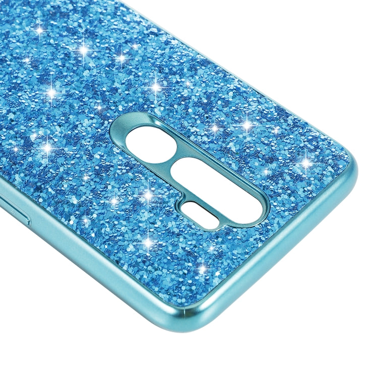 Blue glitter TPU phone case detail with oval ring holder and lens cutouts