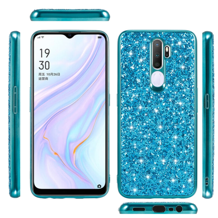Blue glitter TPU protective phone case with matching side openings, front and back