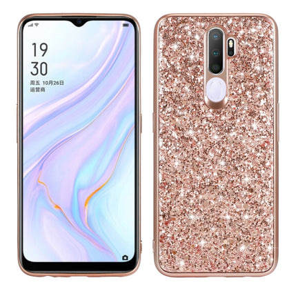 Rose gold glitter TPU protective phone case with camera cutouts and ring stand