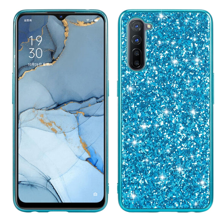 Blue glitter TPU protective phone case with camera cutout and raised edges
