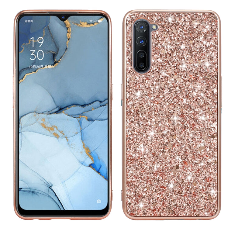 Rose gold glitter TPU protective phone case, back view with camera and speaker openings