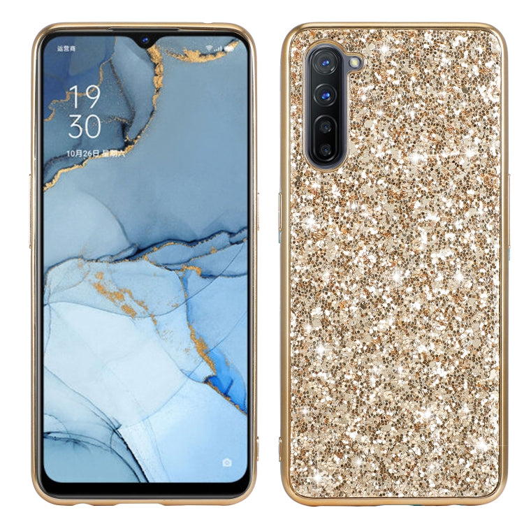 Gold glitter shockproof TPU phone case, showing camera, flash, and speaker openings