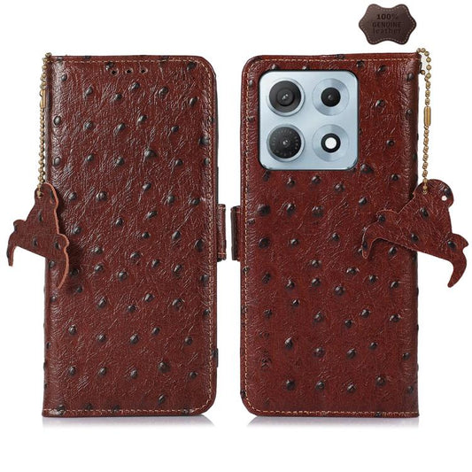Ostrich-pattern RFID genuine leather phone case in brown, with snap flap and beaded chain.