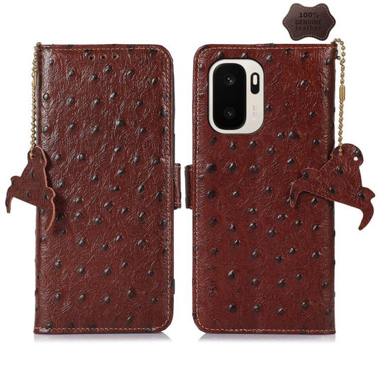 Ostrich-pattern leather phone case in dark brown with flip cover and beaded side chain