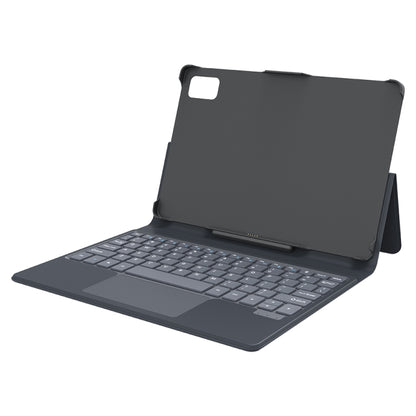 Dark gray tablet folio with Bluetooth keyboard, open and angled