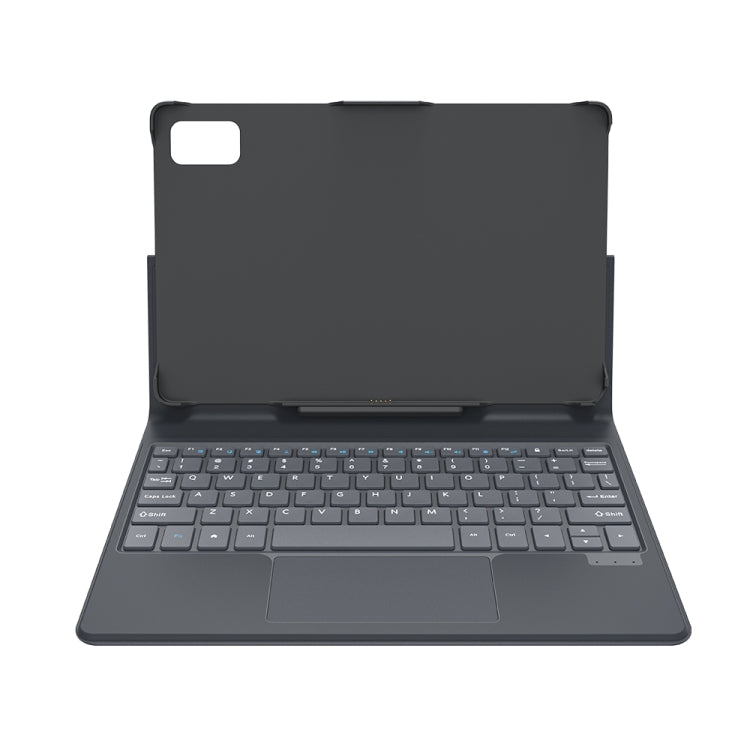 Dark gray folio keyboard case with tablet back cover folded up, rear view
