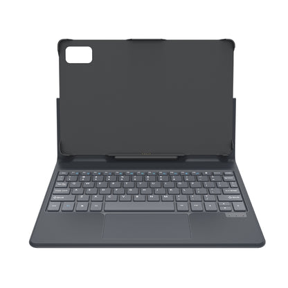 Dark gray folio keyboard case with tablet back cover folded up, rear view