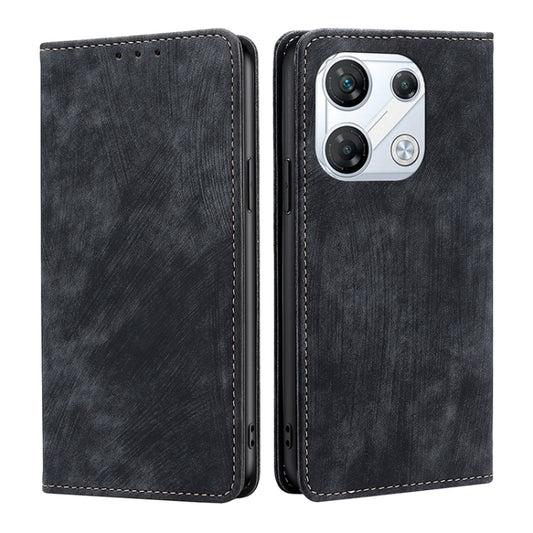 RFID magnetic leather phone case, dark gray/black folio with stitched trim and camera cutout