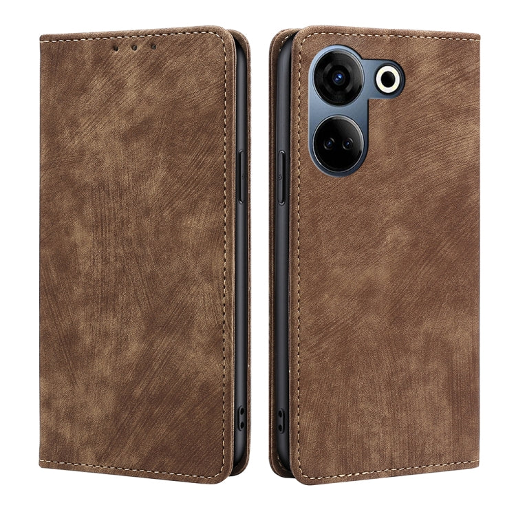 Brown brush leather folio phone case with stitched edges, flip cover, camera cutout.