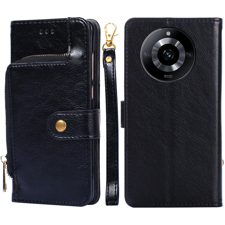 Black leather zipper phone case with flip wallet, gold zipper pull, camera cutout visible