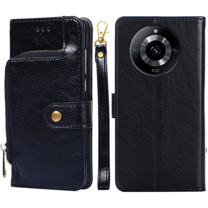 Black leather zipper phone case with flip wallet, gold zipper pull, camera cutout visible