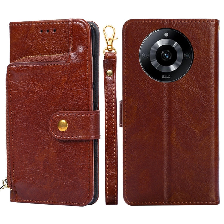 Brown leather zipper phone case with flip wallet, gold zipper pull, camera cutout visible