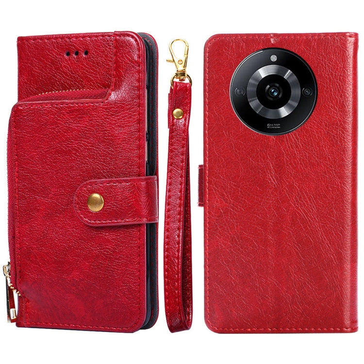 Red leather zipper phone case with flip wallet, gold zipper pull, camera cutout visible