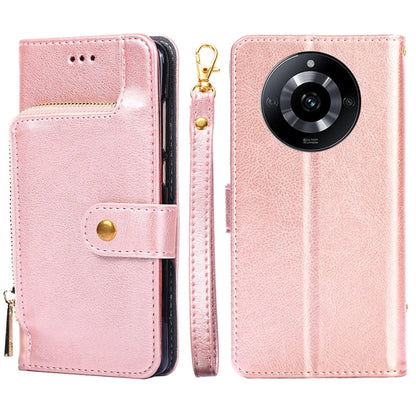 Rose gold leather zipper phone case with flip wallet, gold zipper pull, camera cutout visible
