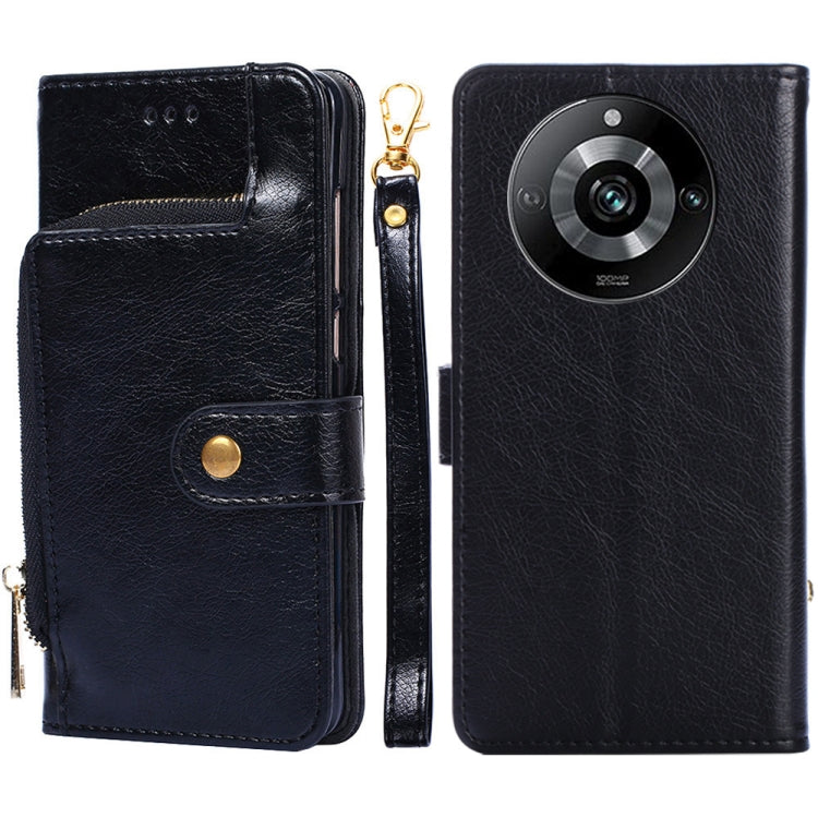 Black leather zipper phone case with flip wallet, side buttons exposed, camera cutout visible