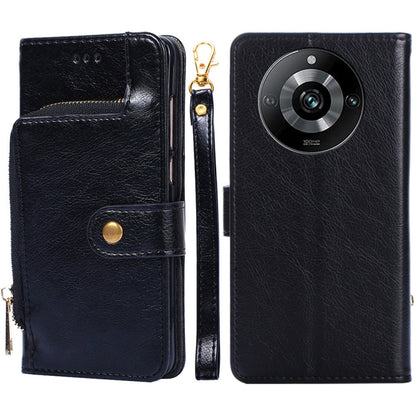 Black leather zipper phone case with flip wallet, side buttons exposed, camera cutout visible