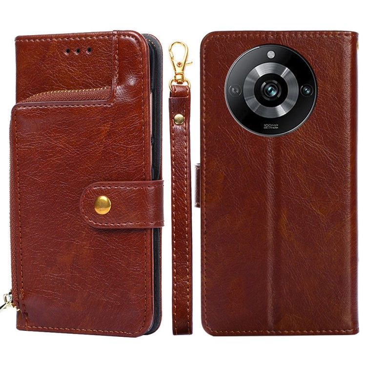 Brown leather zipper phone case with flip wallet, side buttons exposed, camera cutout visible