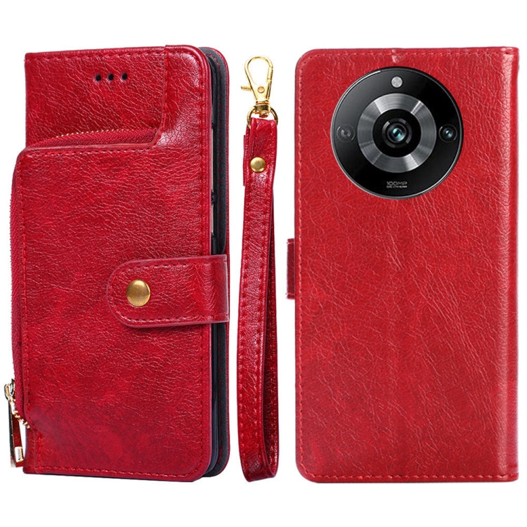 Red leather zipper phone case with wrist strap and card pocket