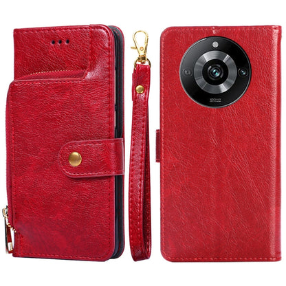 Red leather zipper phone case with wrist strap and card pocket